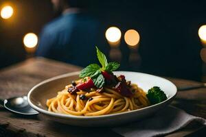 a plate of pasta with tomato sauce and basil leaves on a wooden table. AI-Generated photo