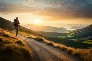 a man with backpack and trek poles is walking on a road in the mountains. AI-Generated photo