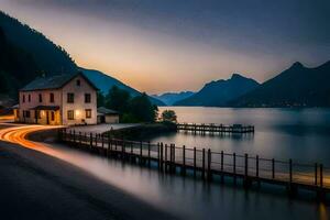 a house sits on the shore of a lake at dusk. AI-Generated photo