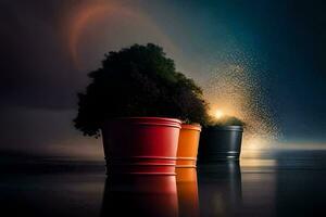 three pots with plants in them on a dark background. AI-Generated photo