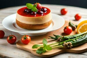 a cheesecake with cherry and basil on a wooden cutting board. AI-Generated photo