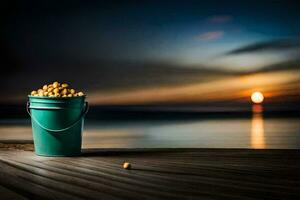 a bucket of peanuts on a dock at sunset. AI-Generated photo
