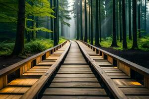 a wooden bridge in the middle of a forest. AI-Generated photo