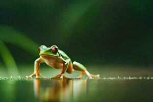 a frog is standing on the water surface. AI-Generated photo