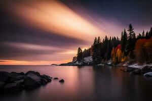 a long exposure photograph of a lake and trees. AI-Generated photo