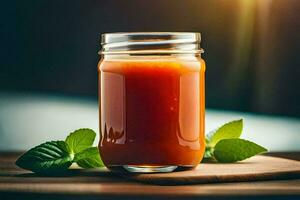 a jar of tomato sauce with fresh mint leaves. AI-Generated photo