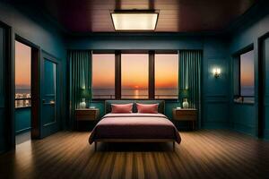 a bedroom with a view of the ocean at sunset. AI-Generated photo
