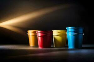 three colorful buckets on a dark surface. AI-Generated photo