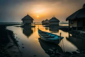 a boat sits in the water at sunset. AI-Generated photo