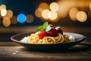 spaghetti with strawberries and parmesan cheese on a wooden table. AI-Generated photo