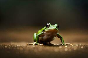 a frog is sitting on the ground with its eyes closed. AI-Generated photo