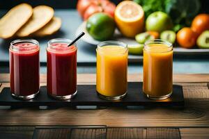 three glasses of juice sit on a wooden table. AI-Generated photo