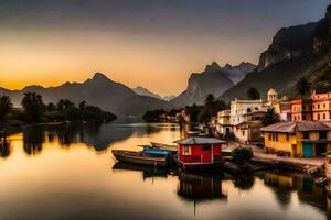 un río en el montañas con casas y barcos generado por ai foto