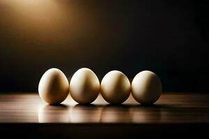 five eggs are lined up on a table. AI-Generated photo