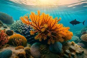 the sun shines over a coral reef with fish swimming in the water. AI-Generated photo