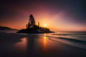 un puesta de sol en el playa con un árbol en el costa. generado por ai foto