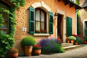 un calle con en conserva plantas y flores generado por ai foto