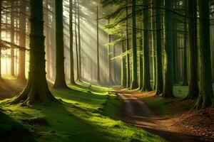 un camino mediante un bosque con luz de sol brillante mediante el arboles generado por ai foto