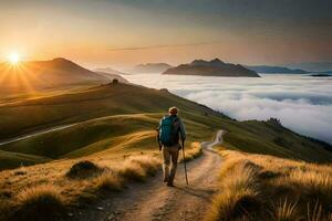 un hombre con mochila caminando en un camino en el montañas. generado por ai foto