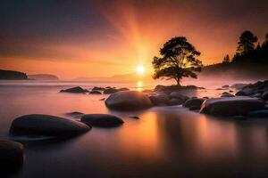 a tree is standing on the rocks at the shore of a lake at sunset. AI-Generated photo