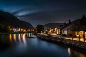 foto fondo de pantalla el cielo, noche, montañas, río, casas, aldea, Alemania,. generado por ai