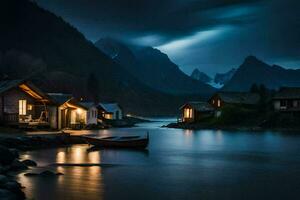 photo wallpaper the sky, mountains, water, boats, houses, night, the mountains, nor. AI-Generated