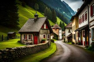 un estrecho la carretera en el montañas con casas generado por ai foto