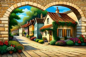 an illustration of a street with houses and flowers. AI-Generated photo