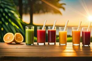 a group of juice glasses on a table with a sunset in the background. AI-Generated photo