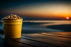 a bucket of peanuts on a wooden table with the sun setting. AI-Generated photo