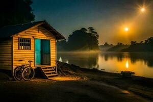 the sun rises over the water and a small hut in the middle of the lake. AI-Generated photo