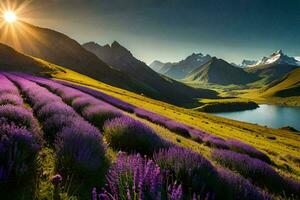 the sun rises over lavender fields in the mountains. AI-Generated photo