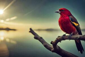 un rojo pájaro se sienta en un rama cerca el agua. generado por ai foto