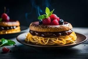 a hamburger with berries and chocolate on a plate. AI-Generated photo
