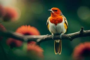 un rojo y naranja pájaro sentado en un rama. generado por ai foto