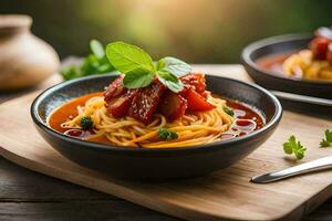 spaghetti with tomato sauce and meat in a bowl. AI-Generated photo