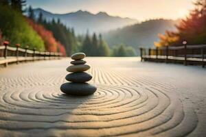 a stack of rocks in the middle of a zen garden. AI-Generated photo