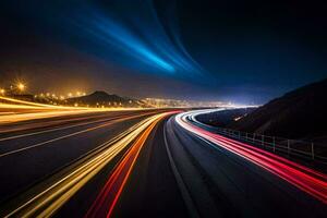 a long exposure photo of a highway at night. AI-Generated