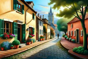 an illustration of a street in a village. AI-Generated photo