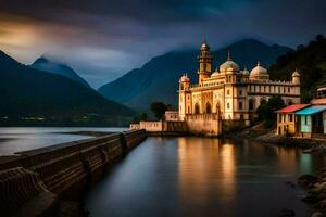 un hermosa mezquita se sienta en el apuntalar de un lago. generado por ai foto