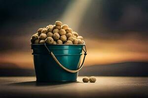 a bucket filled with peanuts on a table. AI-Generated photo