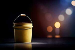 a yellow bucket on a table with blurred lights. AI-Generated photo