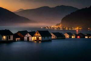 casas en el agua a noche con niebla. generado por ai foto