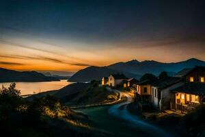 un la carretera líder a un pueblo a puesta de sol. generado por ai foto