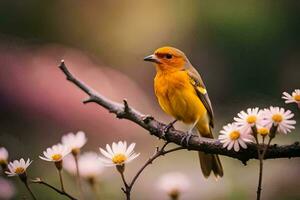 a yellow bird sits on a branch with white flowers. AI-Generated photo