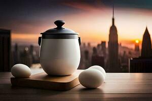 eggs on a table with a cityscape in the background. AI-Generated photo