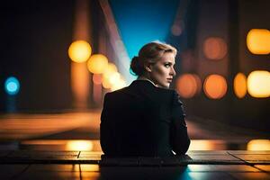 a woman in a suit sits on a bench at night. AI-Generated photo
