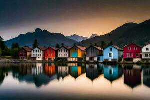 vistoso casas en el lago a puesta de sol. generado por ai foto