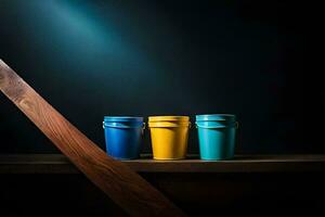 three colorful buckets sitting on a wooden shelf. AI-Generated photo