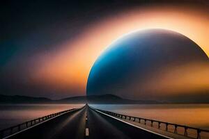 a road leading to an enormous moon. AI-Generated photo